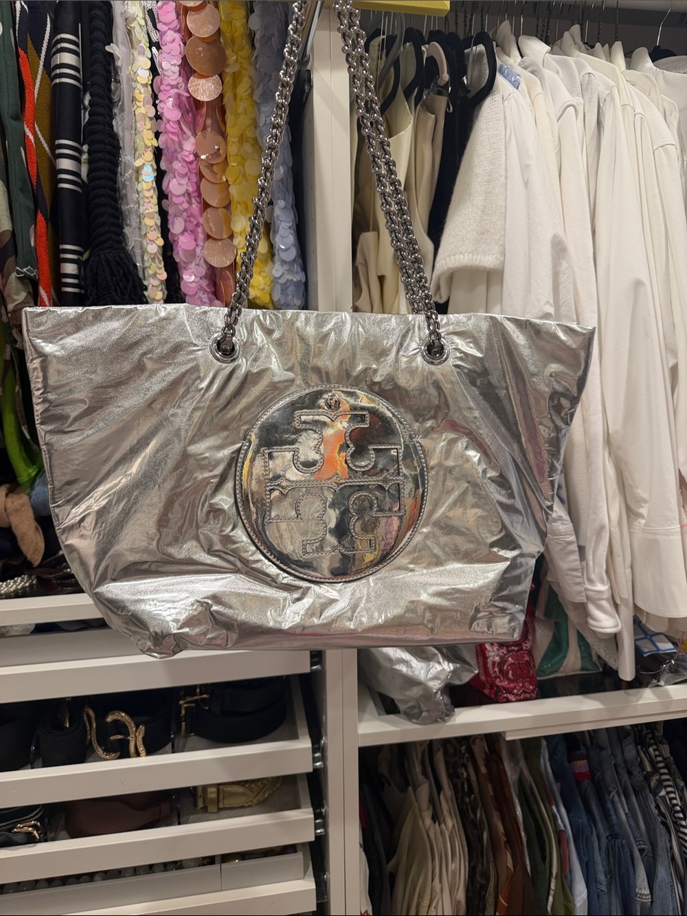 Tory Burch Silver Metallic Logo Chain-Handle Tote-never used